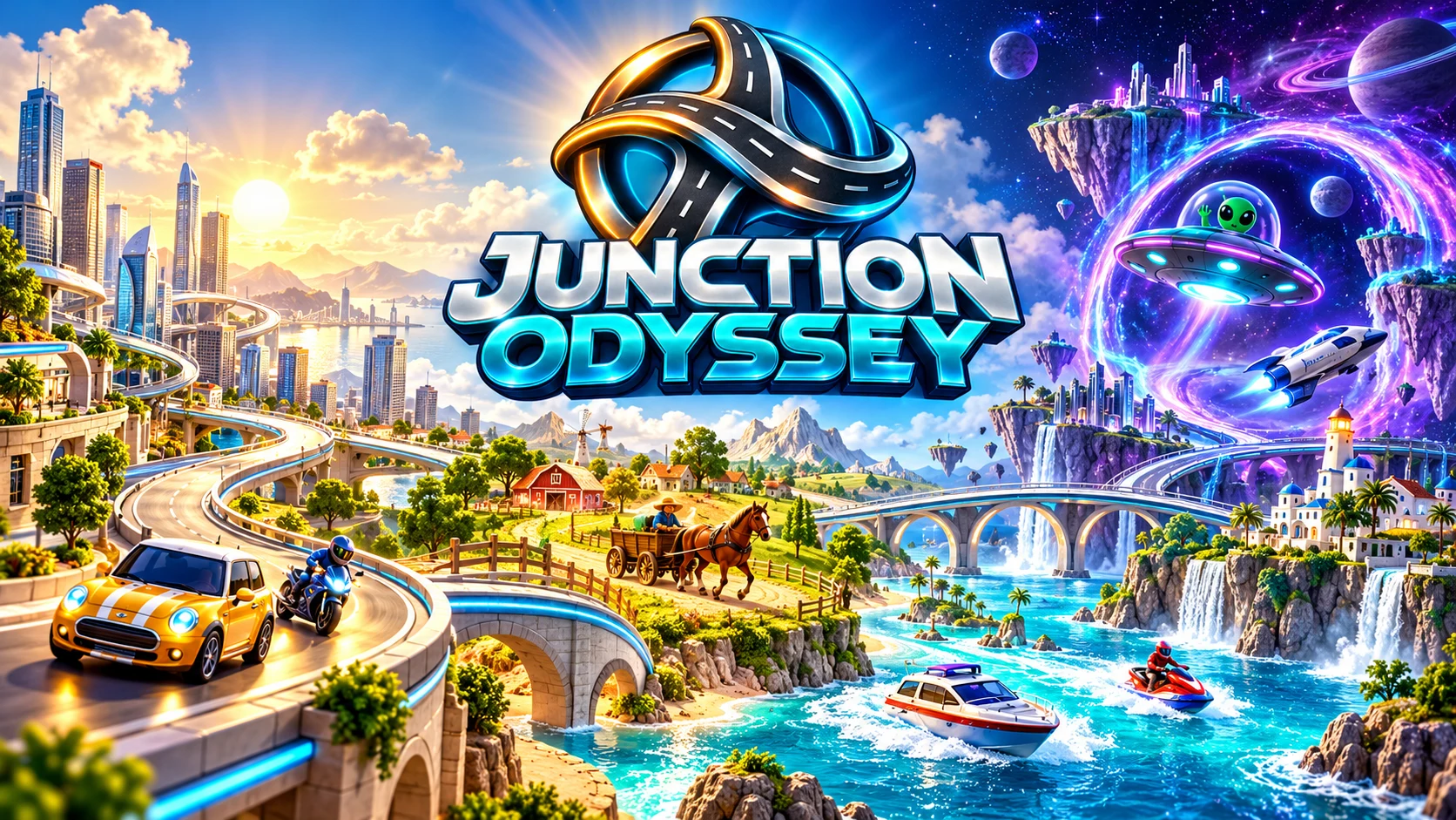 Junction Odyssey promotional illustration: the game logo above a colorful scene of city, country, water, and space settings.